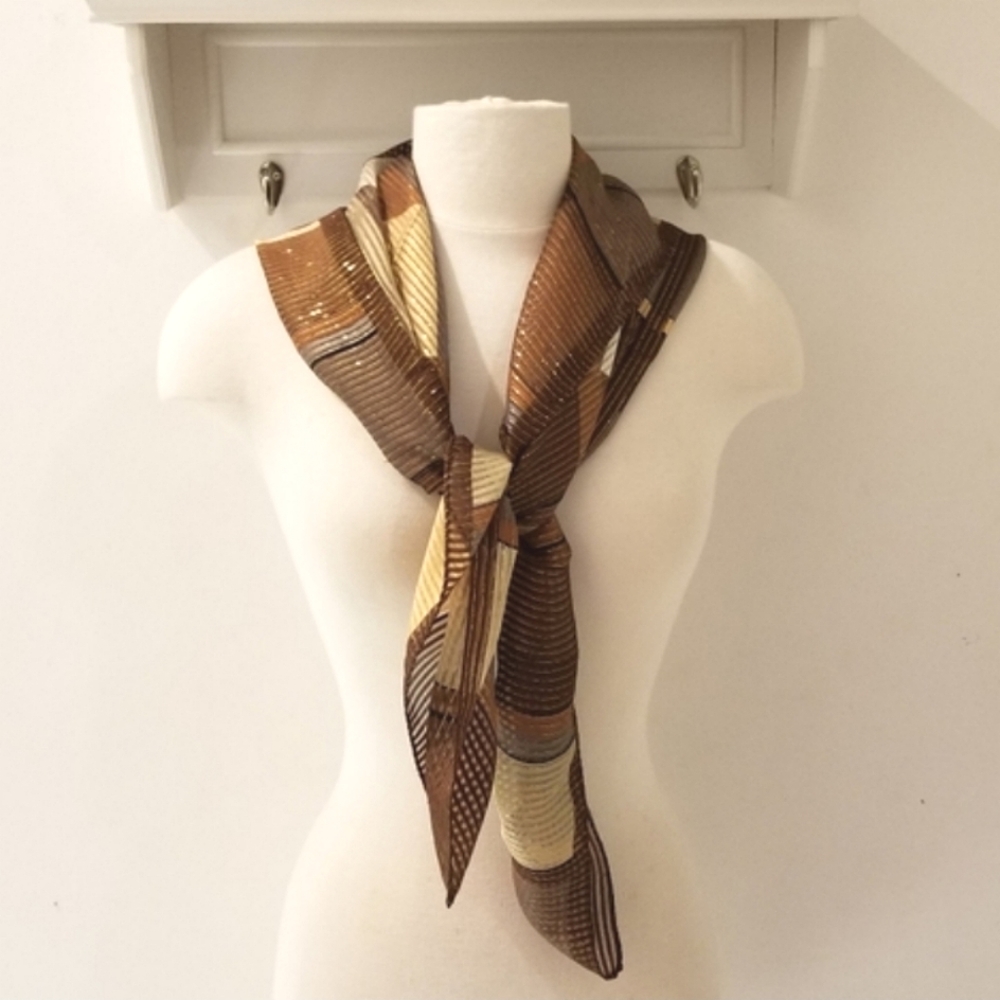 ECHO NY Square Silk Scarf Metallic Bronze Geometric Print - Picture 8 of 10